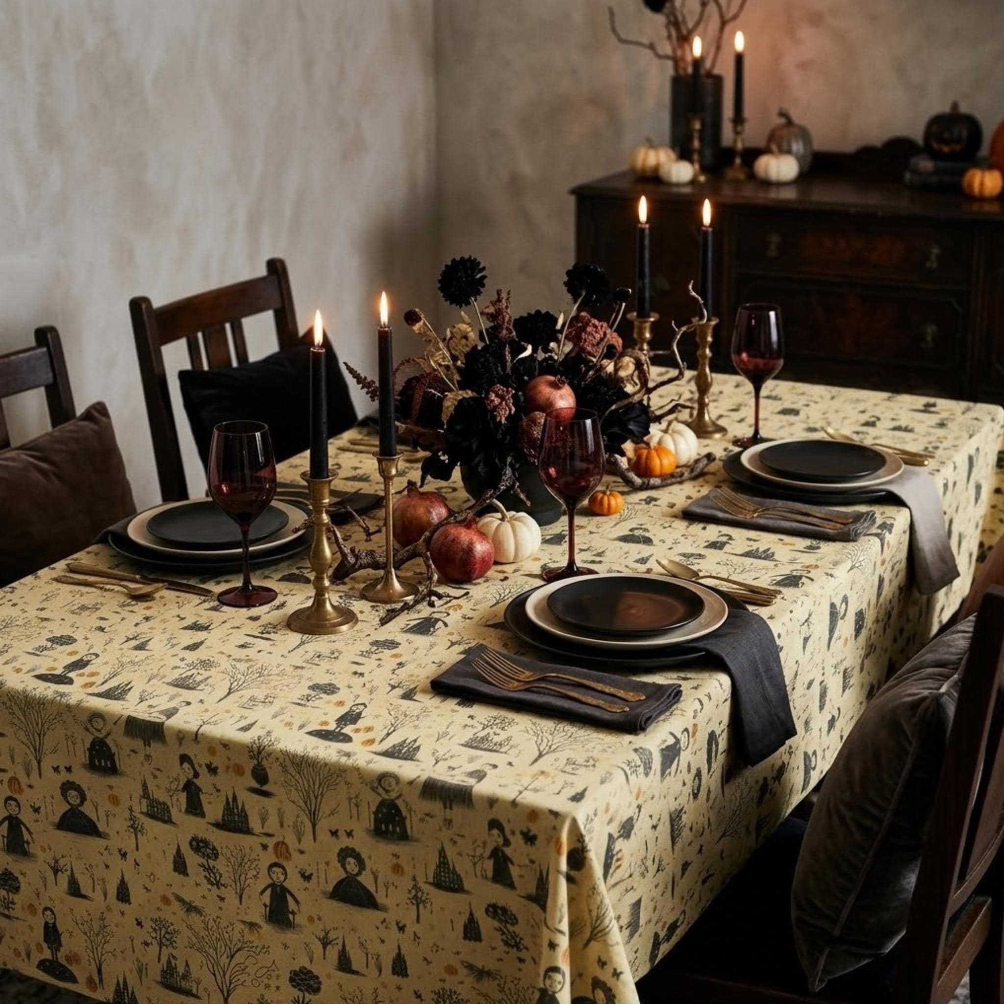 Halloween witch toile tablecloth on a candlelit table