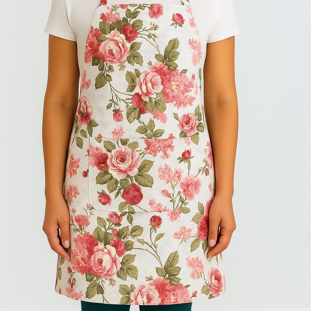 Vintage rose floral apron on model