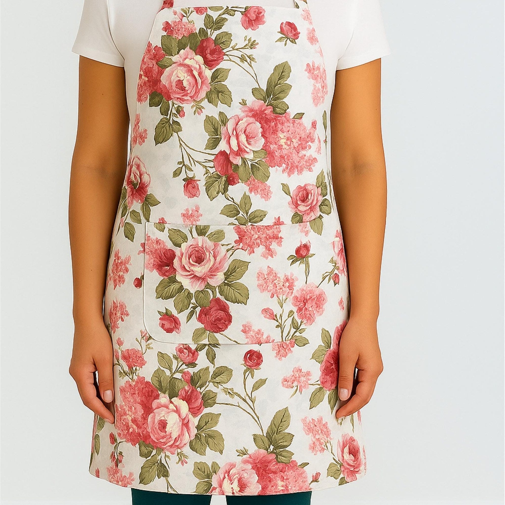 Vintage rose floral apron on model
