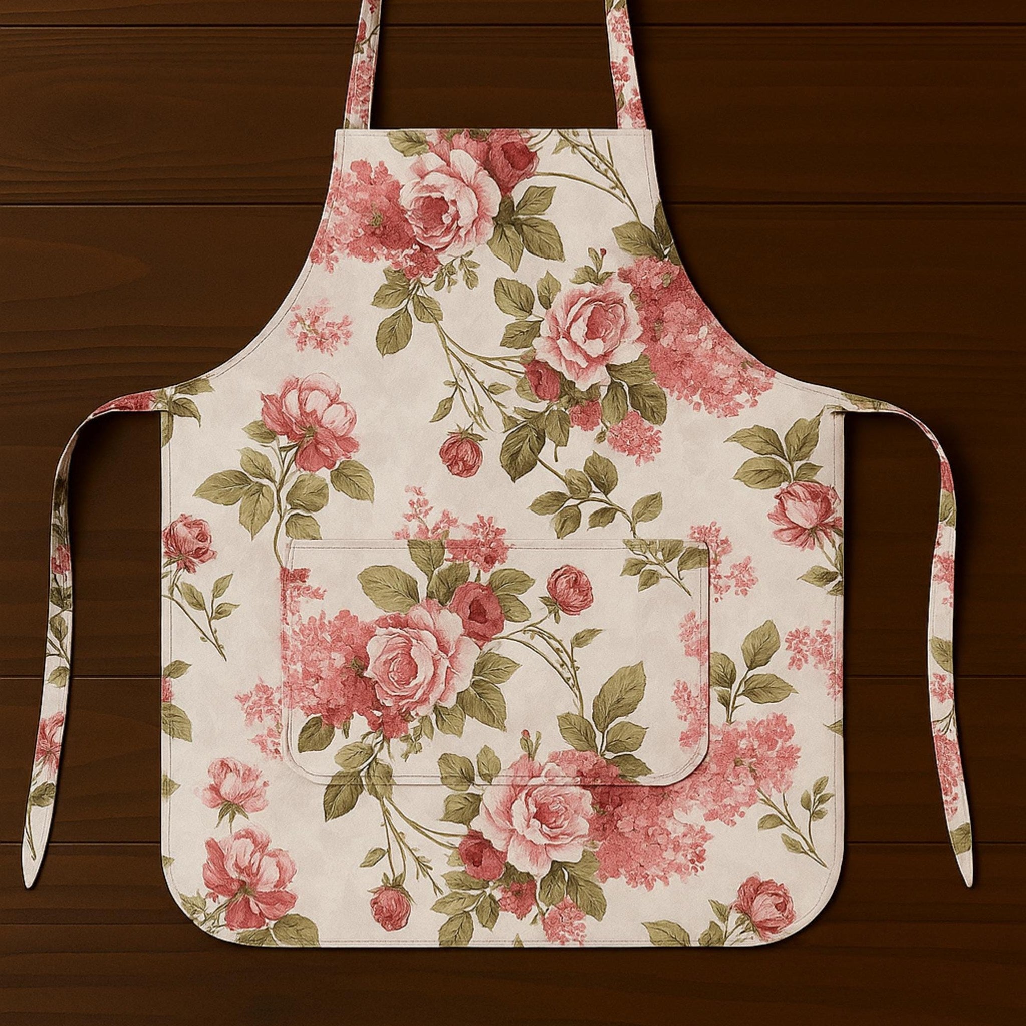 Floral apron flat lay with front pocket