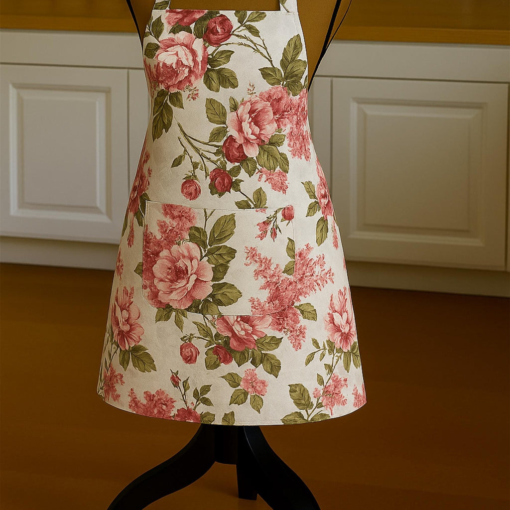 Floral apron on mannequin in kitchen