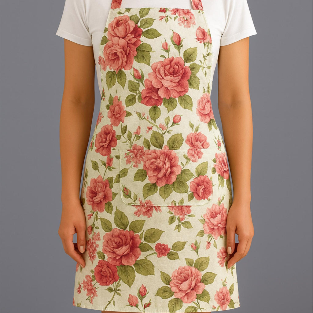 Floral apron on model, gray background