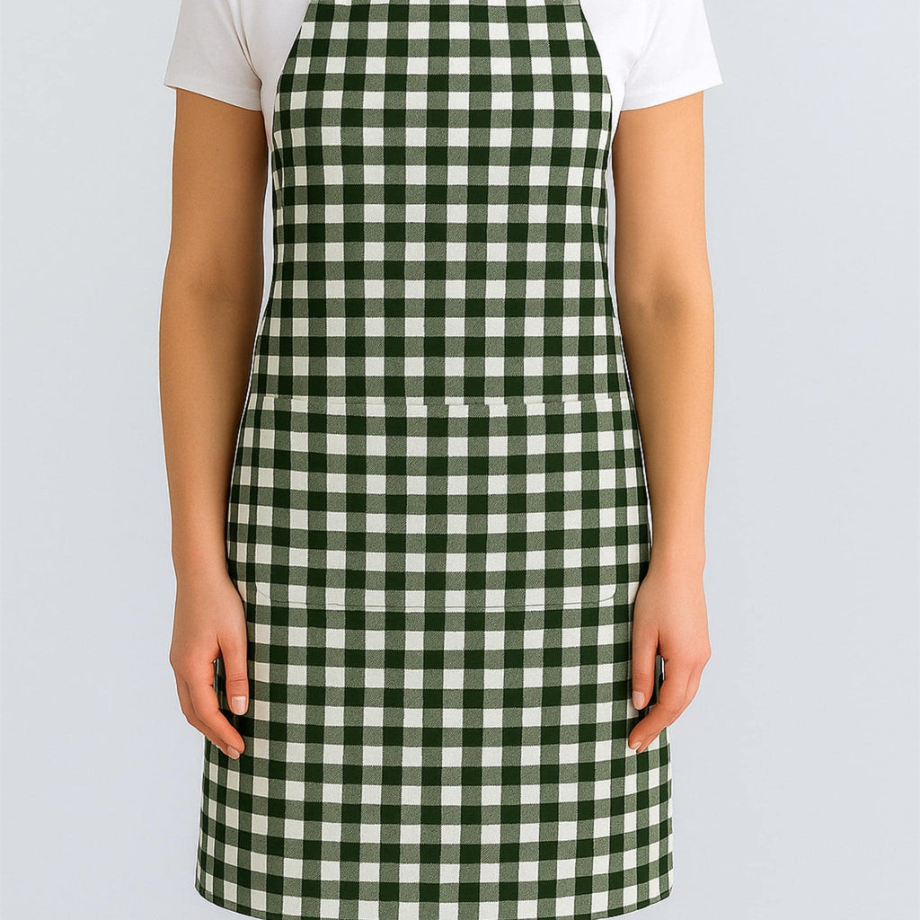 Green gingham cotton apron on model