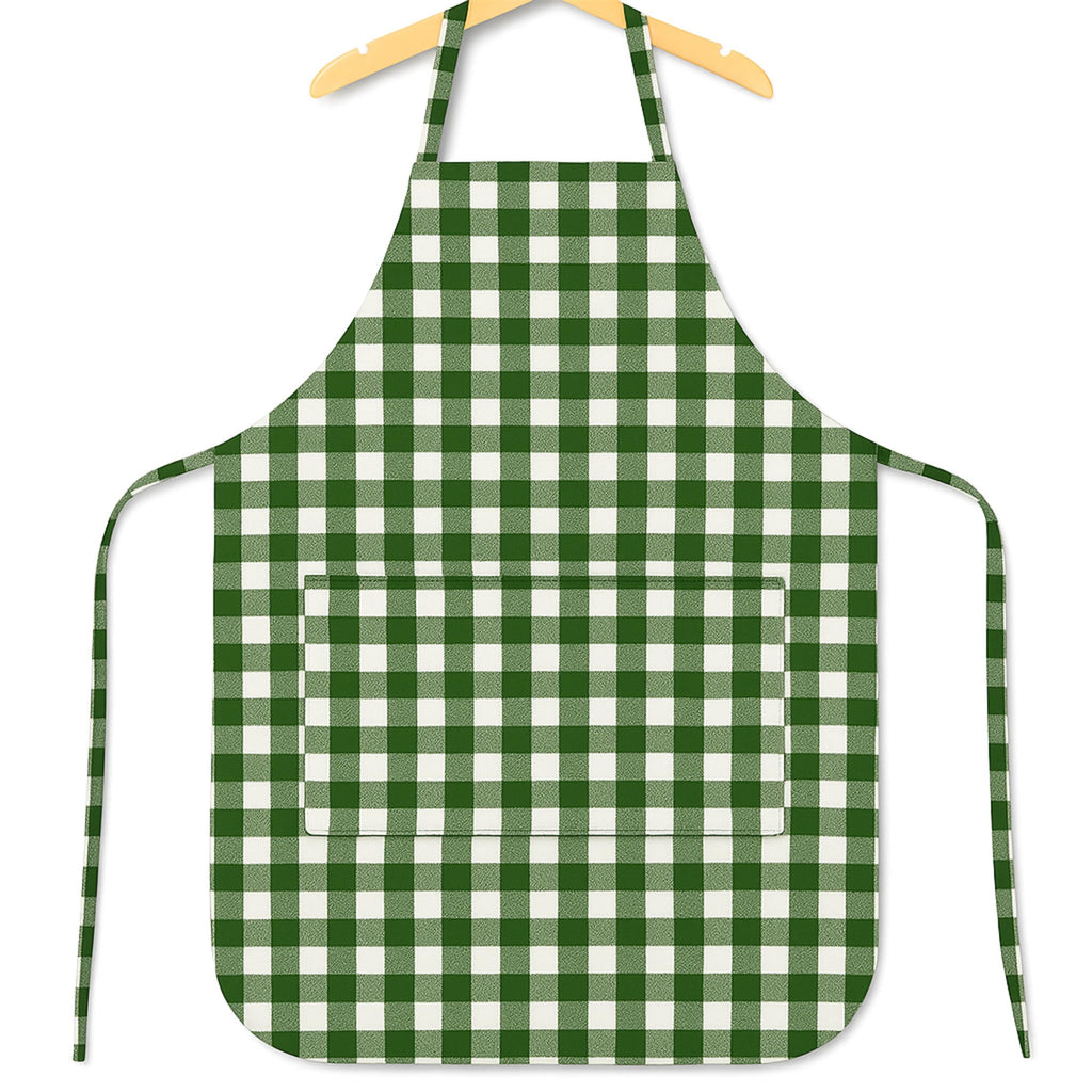 Green gingham apron on hanger