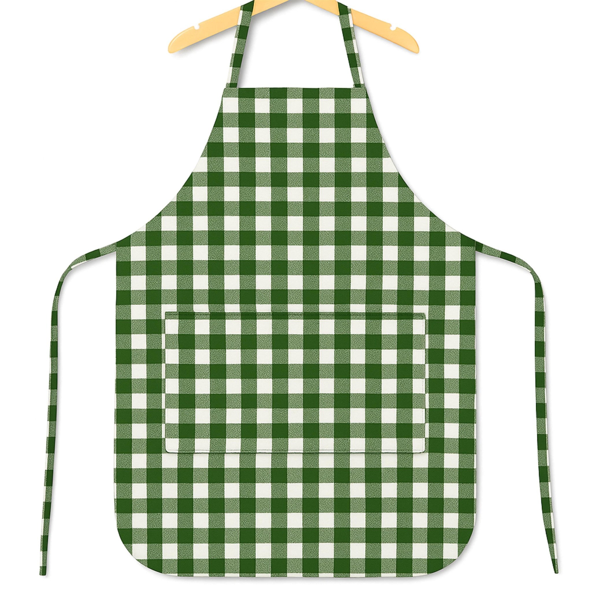 Green gingham apron on hanger