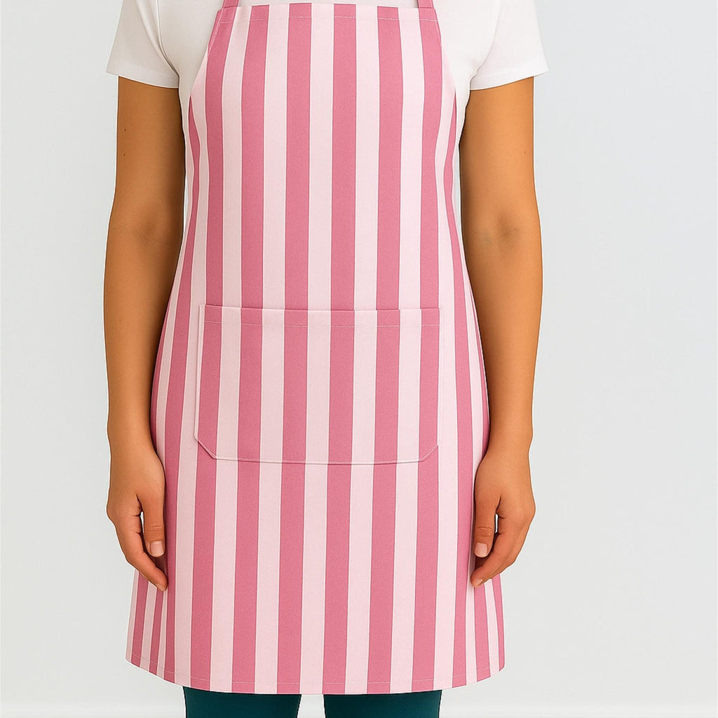 Pink striped cotton apron on model