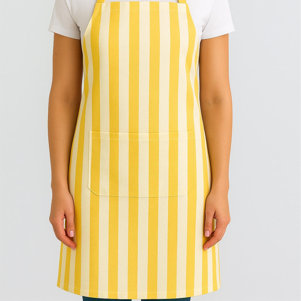 Yellow striped cotton apron on model