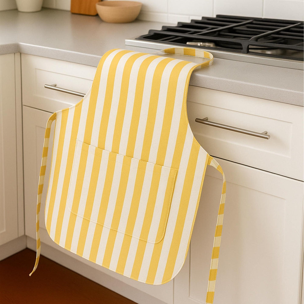Yellow striped apron draped on counter