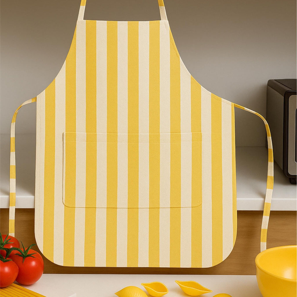 Yellow striped apron in kitchen scene