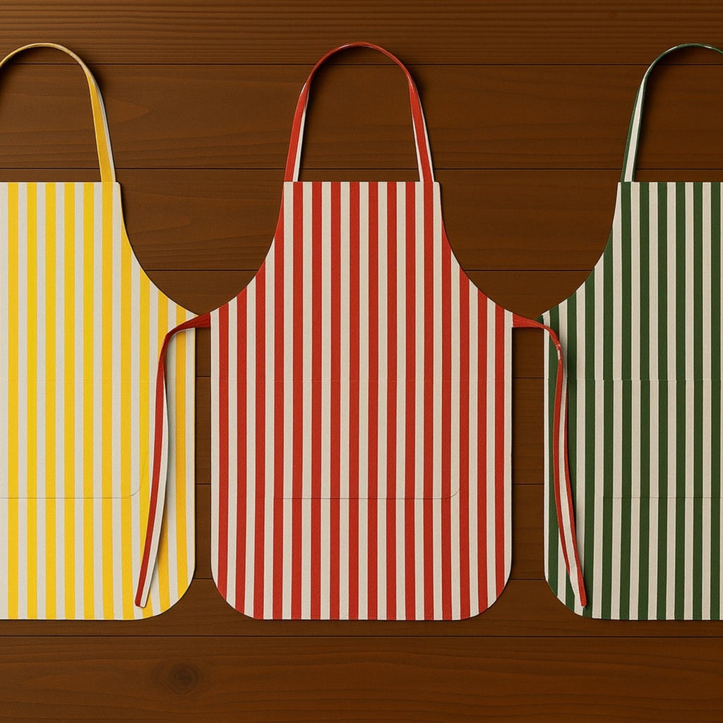 Three striped aprons in yellow, red and green