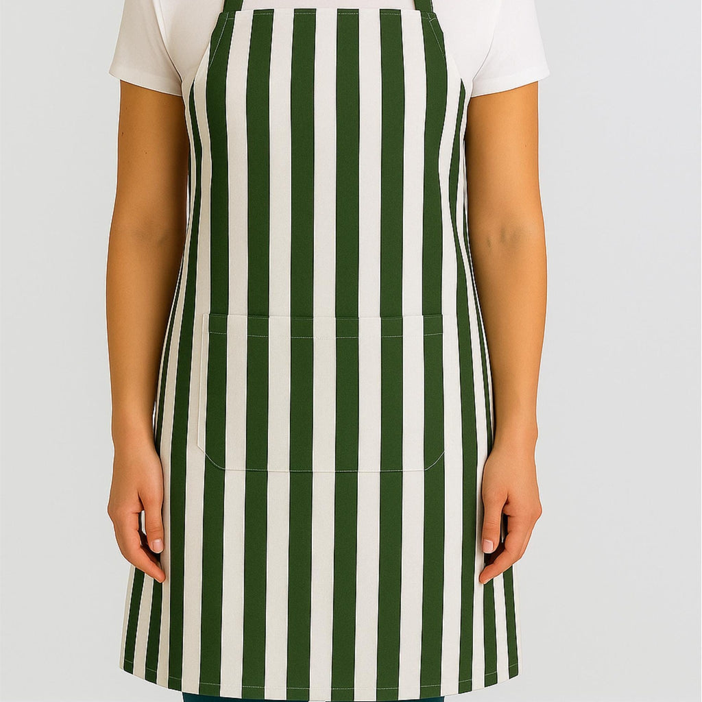 Green striped cotton apron on model