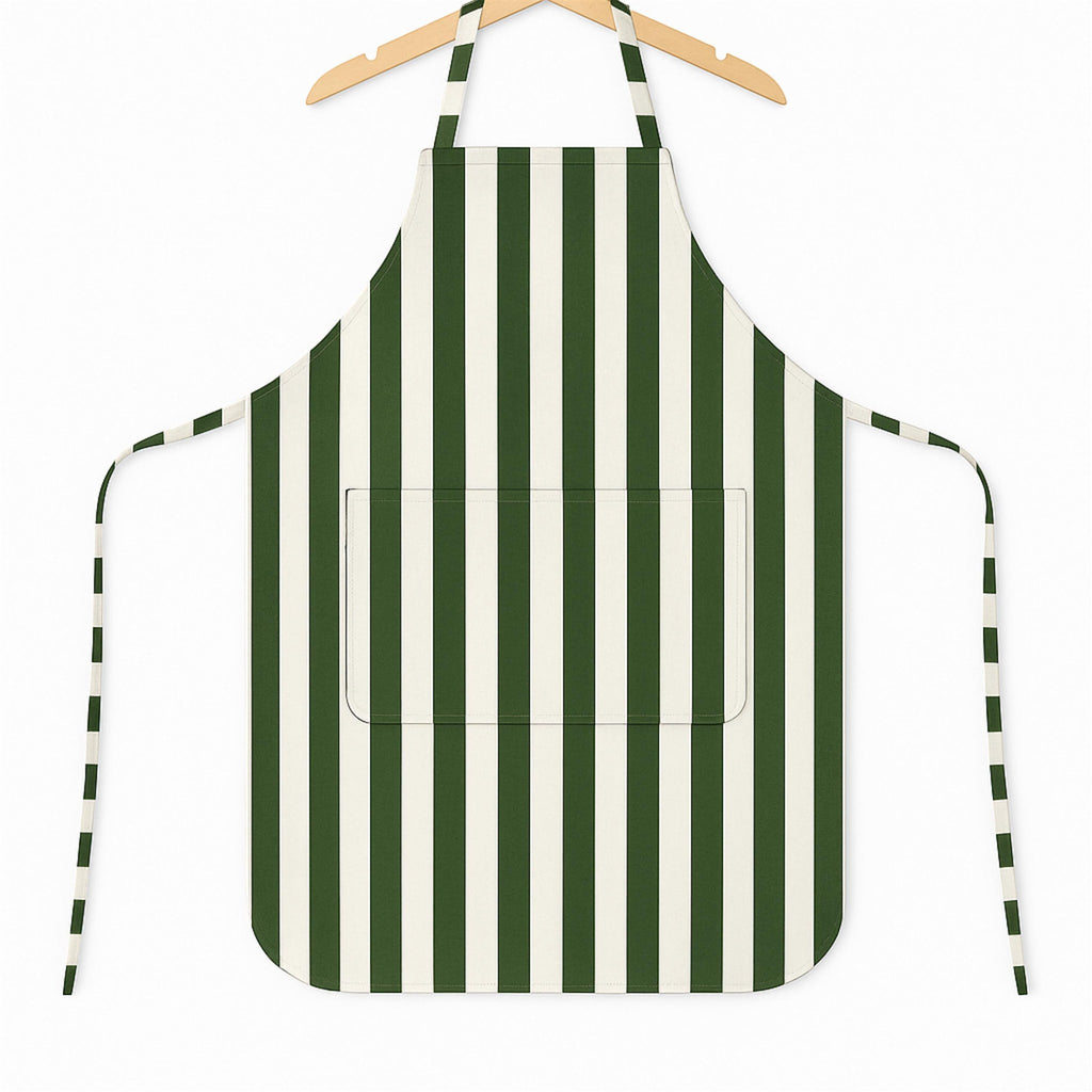 Green striped apron on hanger