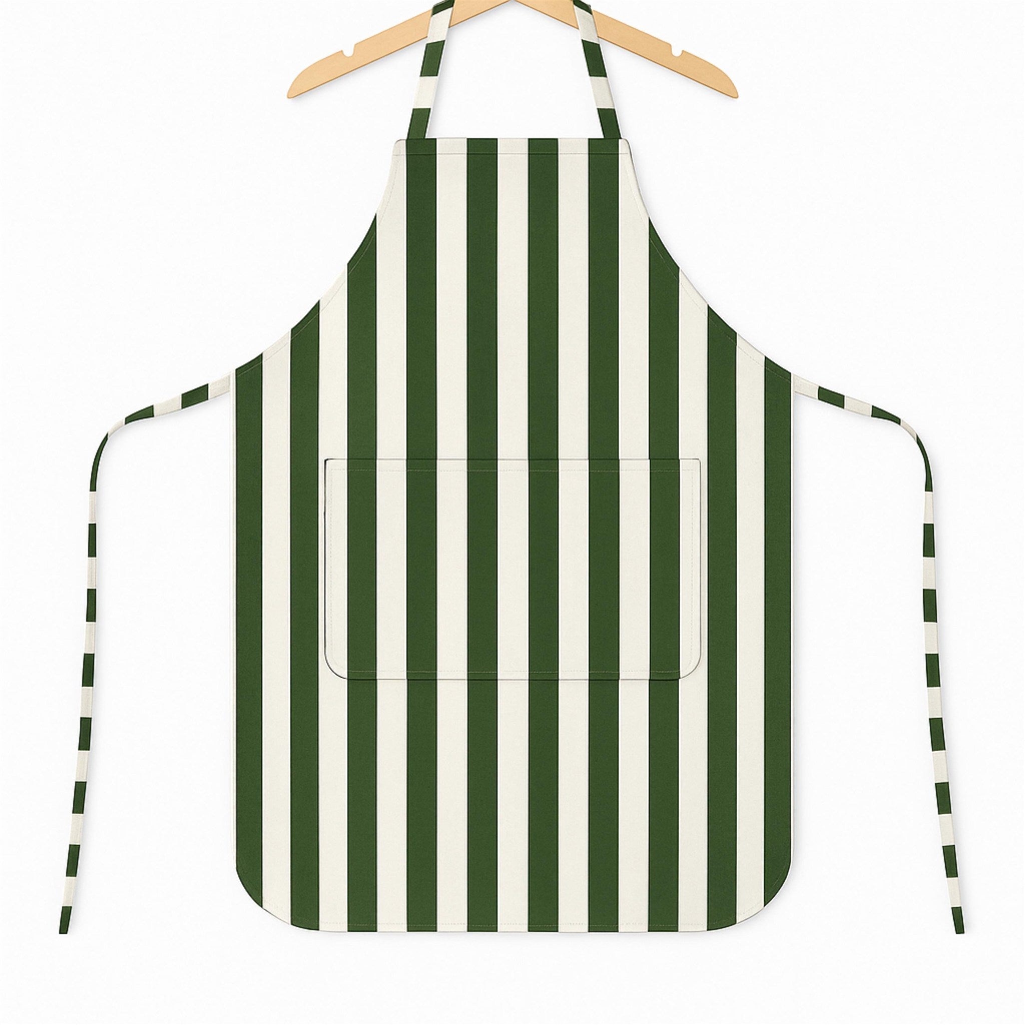 Green striped apron on hanger