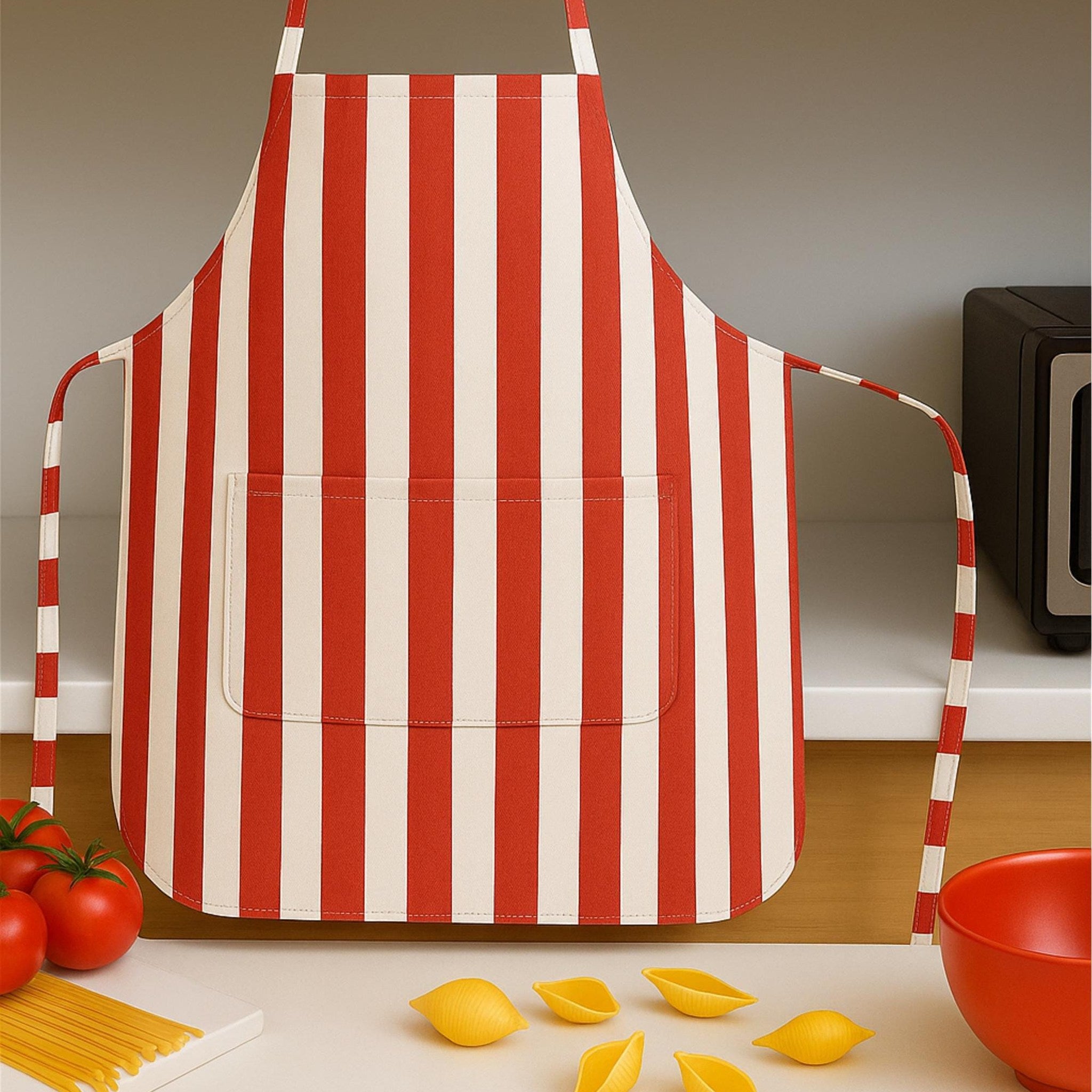 Red striped apron in kitchen scene