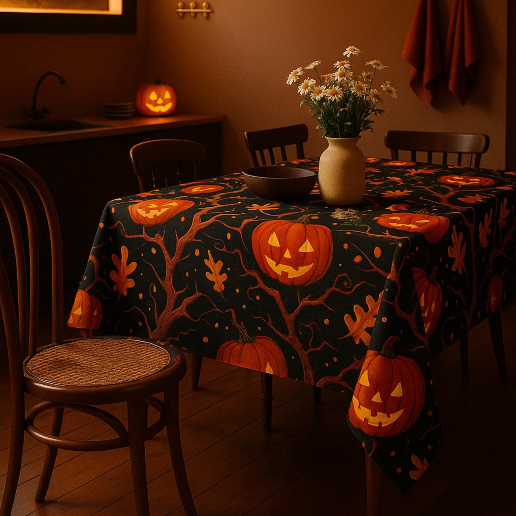 Black pumpkin tablecloth in a cozy kitchen