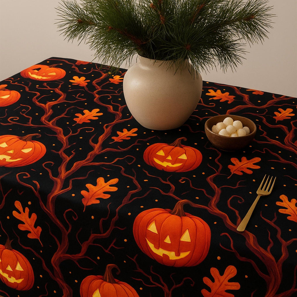 Jack-o'-lantern print tablecloth with vase styling
