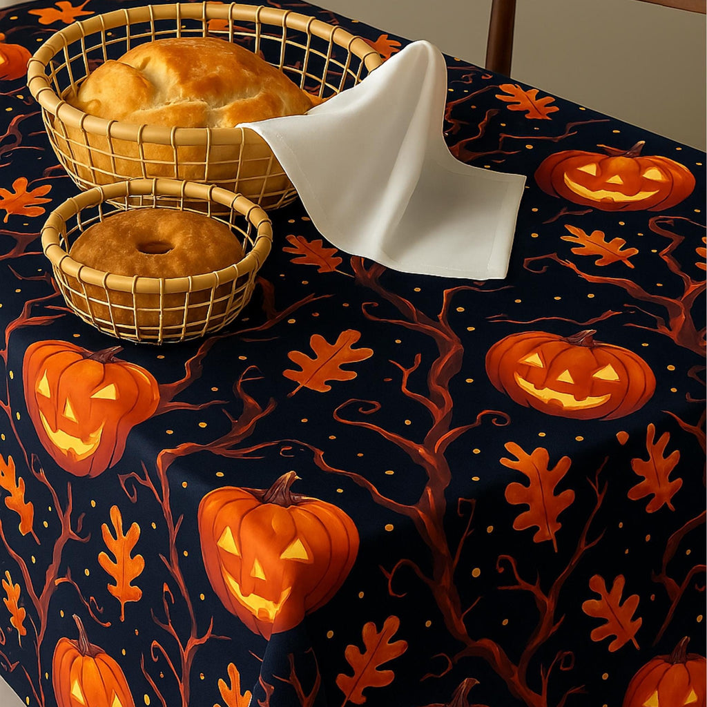 Halloween tablecloth with bread basket styling