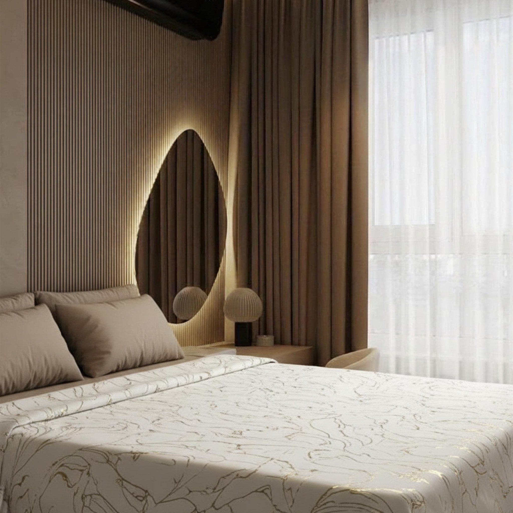 Cream bedspread in warm-lit bedroom