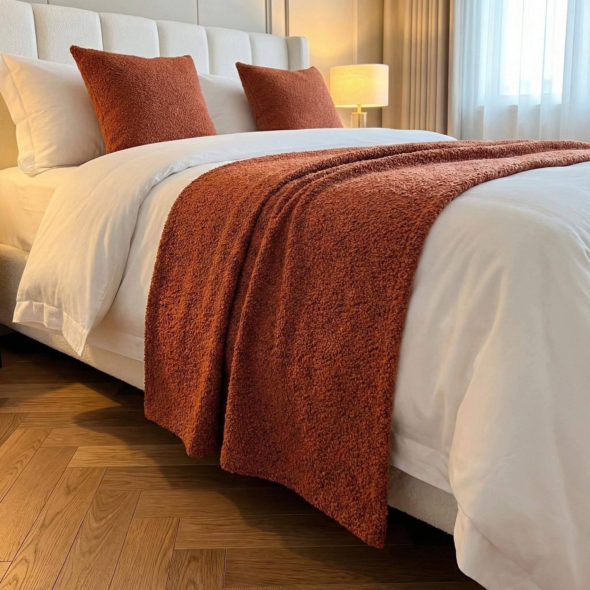 Woven bed runner styled with matching pillows