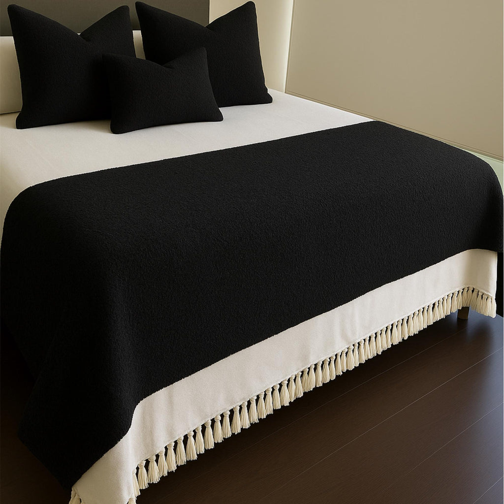 Black bed runner with fringe detail