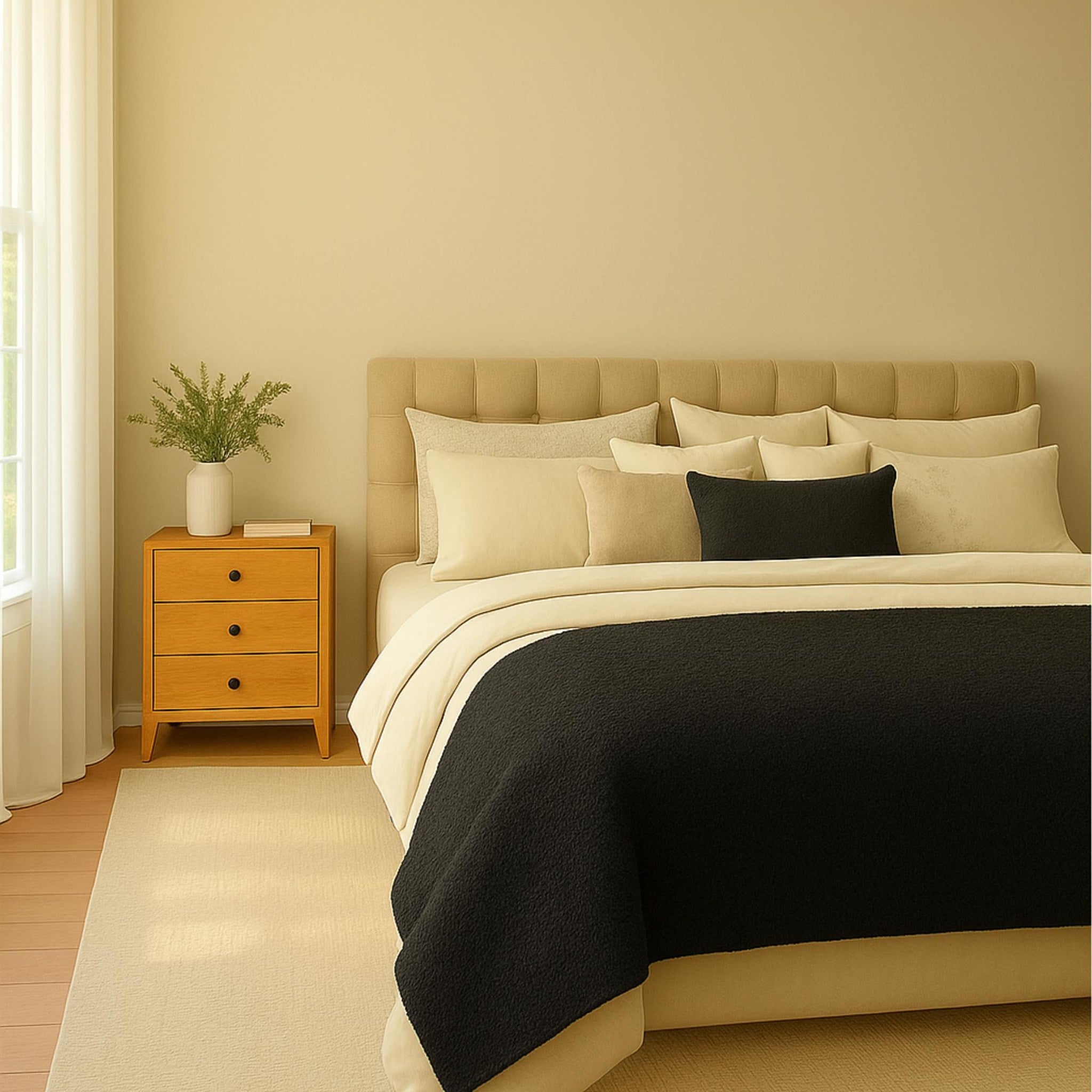 Black bed runner in a bright bedroom