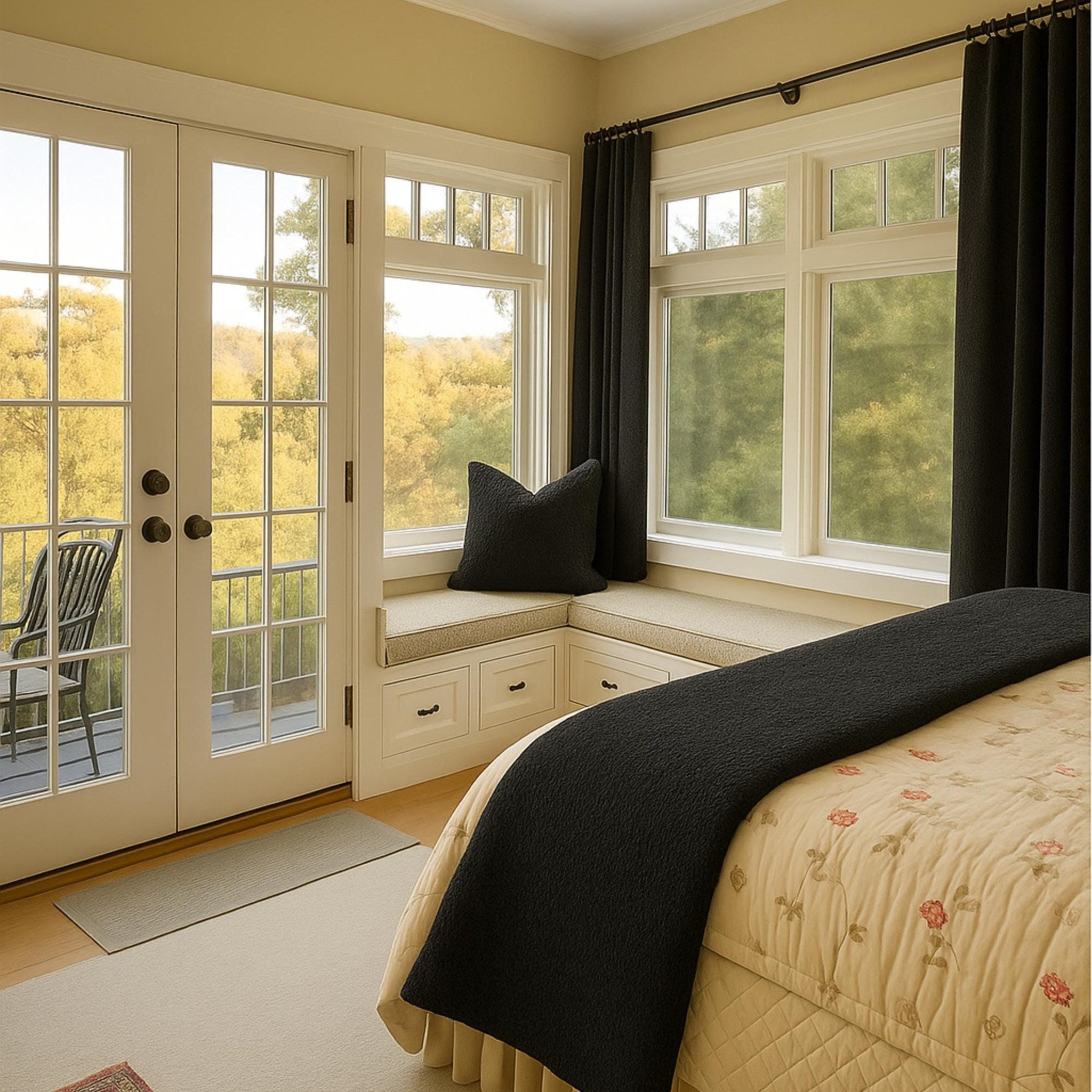 Bed runner in a garden-view bedroom