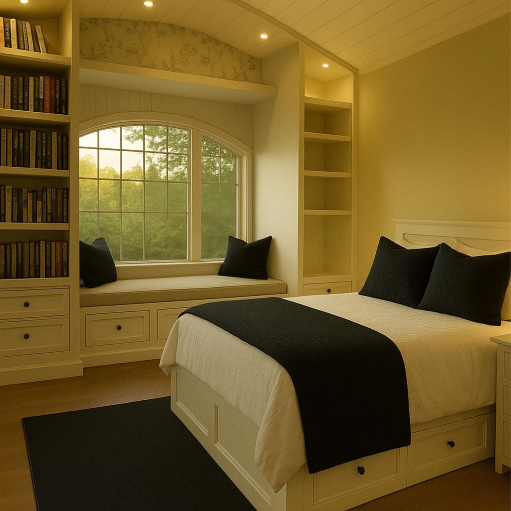 Black bed runner in a cozy reading nook bedroom