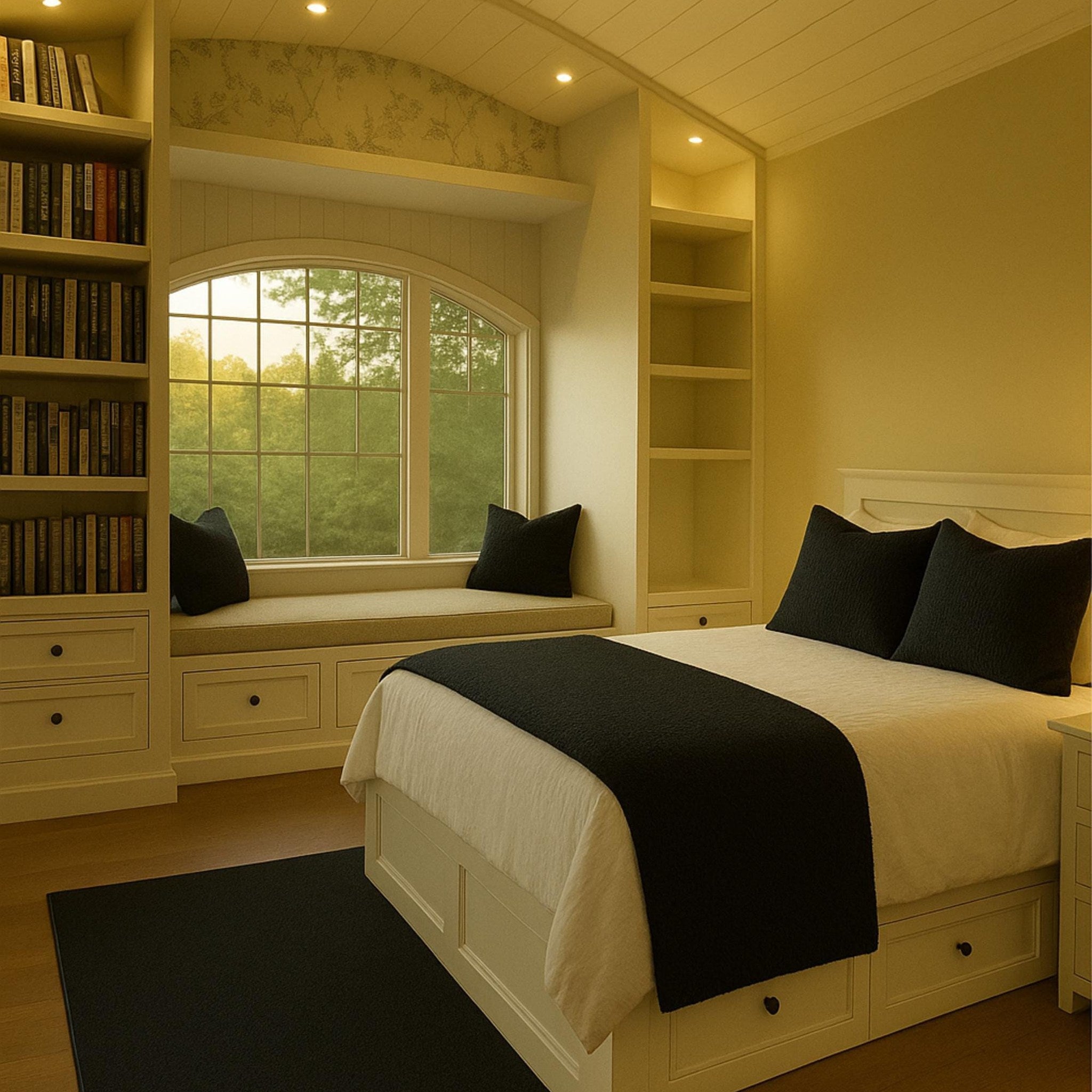 Black bed runner in a cozy reading nook bedroom