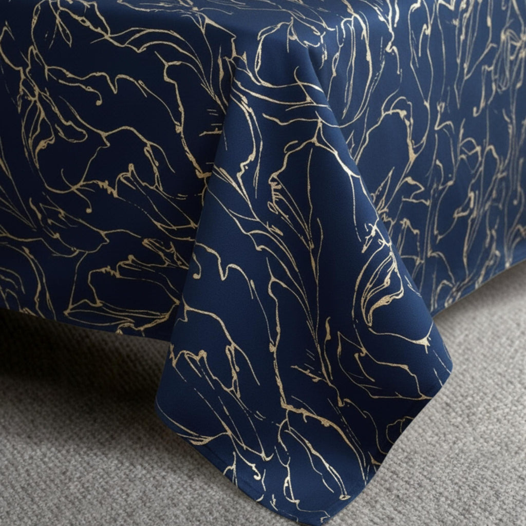 Black bedspread in navy bedroom