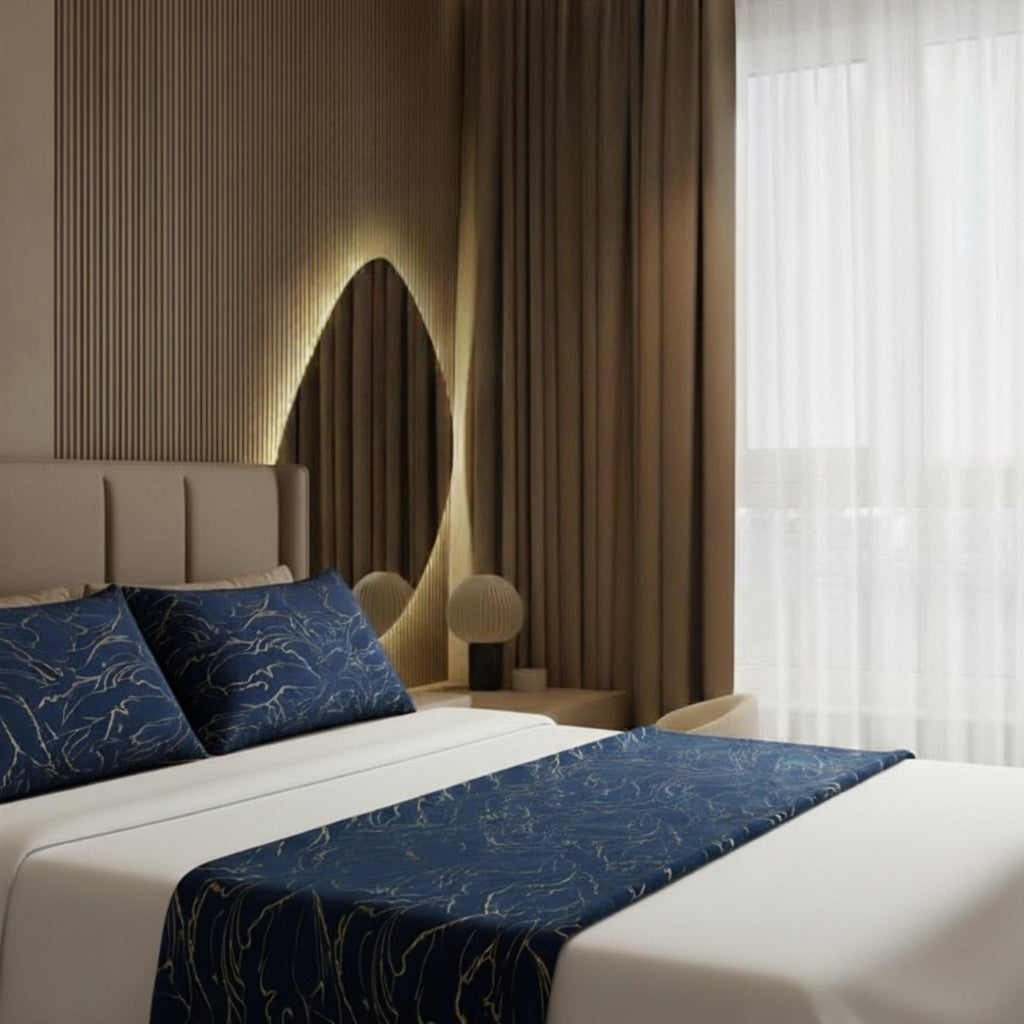 Navy bedspread with mirror styling