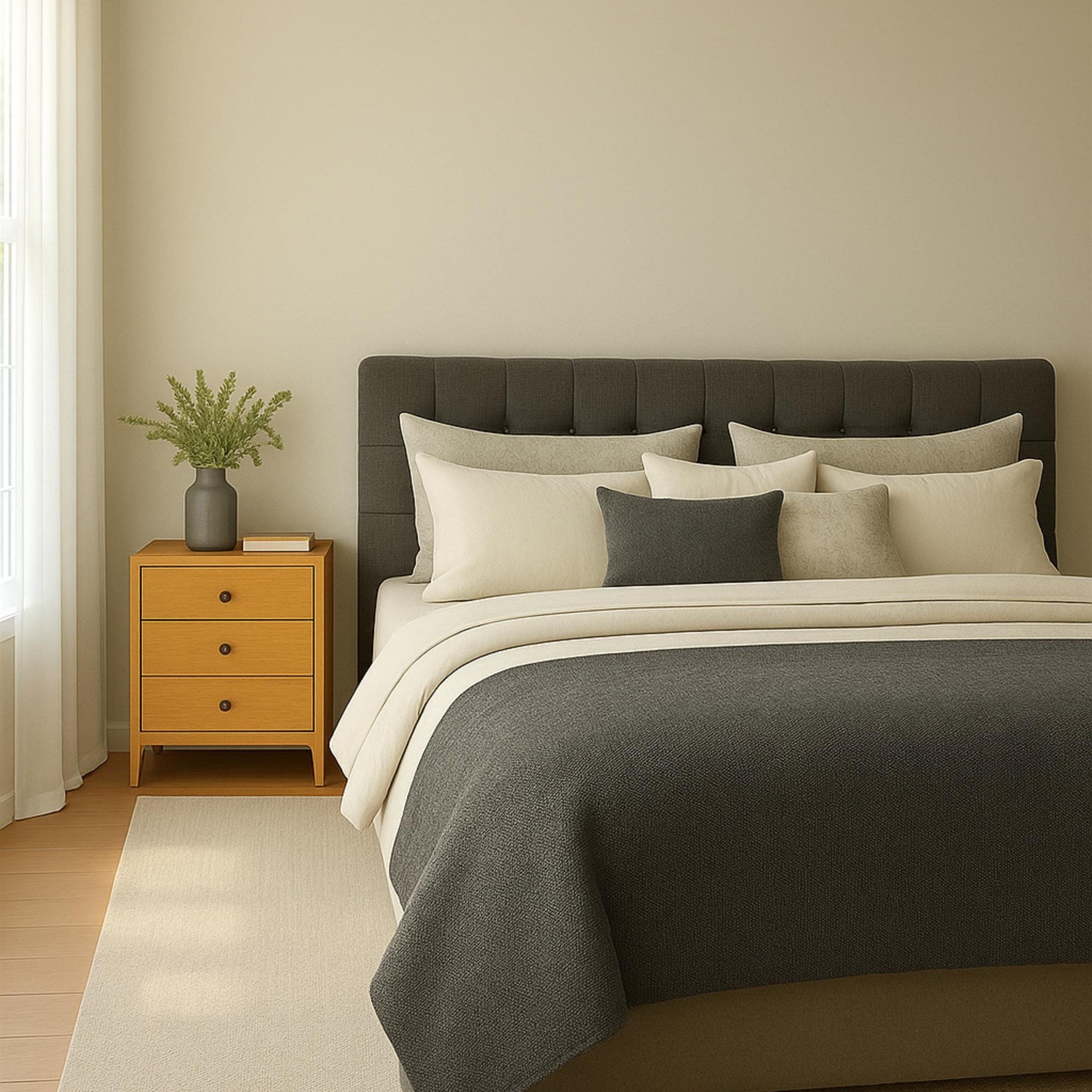 Dark gray linen bed runner on a bed