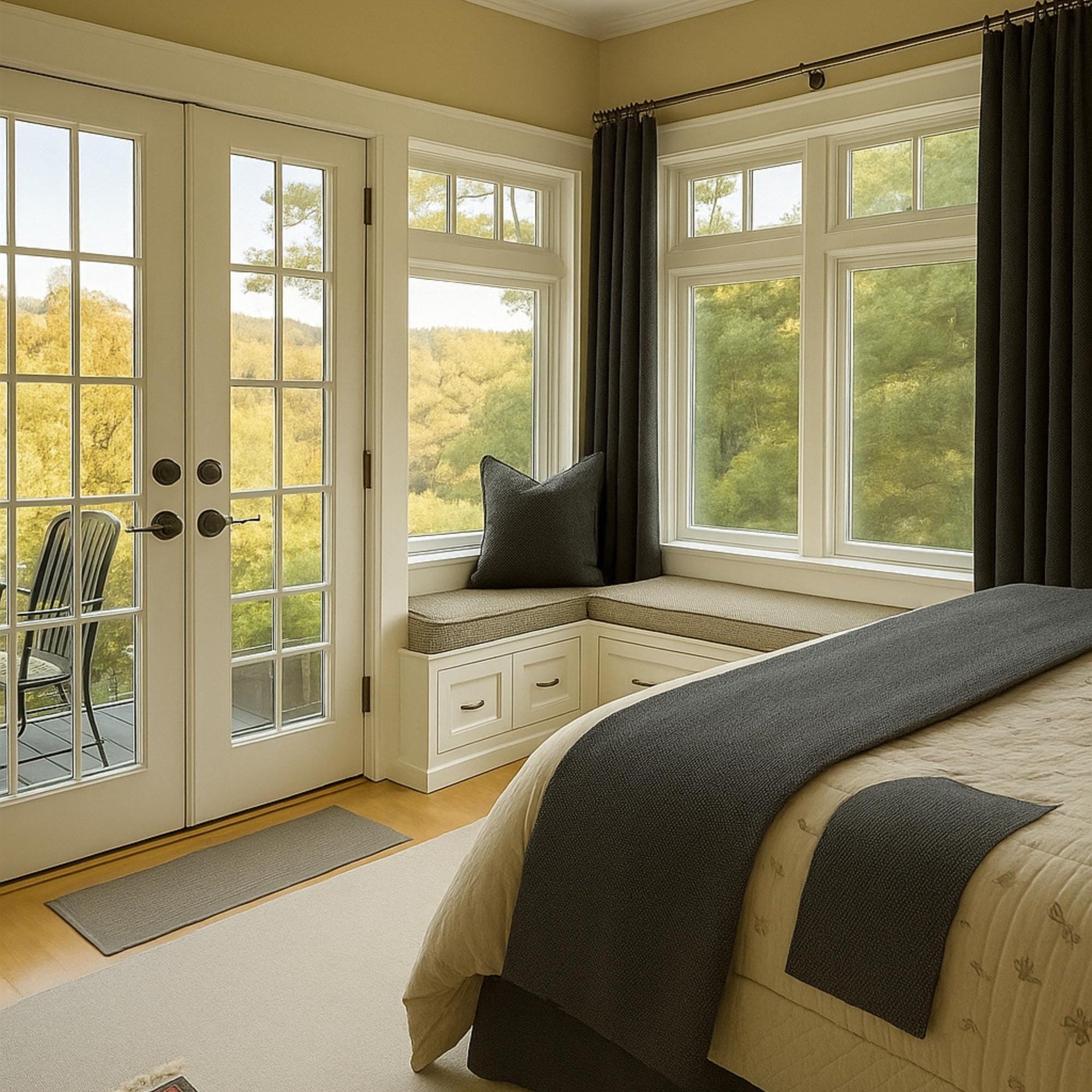 Linen bed runner in bright bedroom