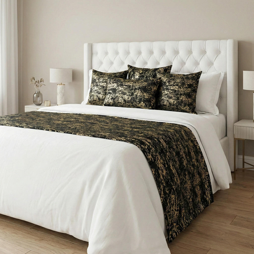 Velvet runner in styled bedroom with headboard