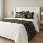 Velvet runner in styled bedroom with headboard