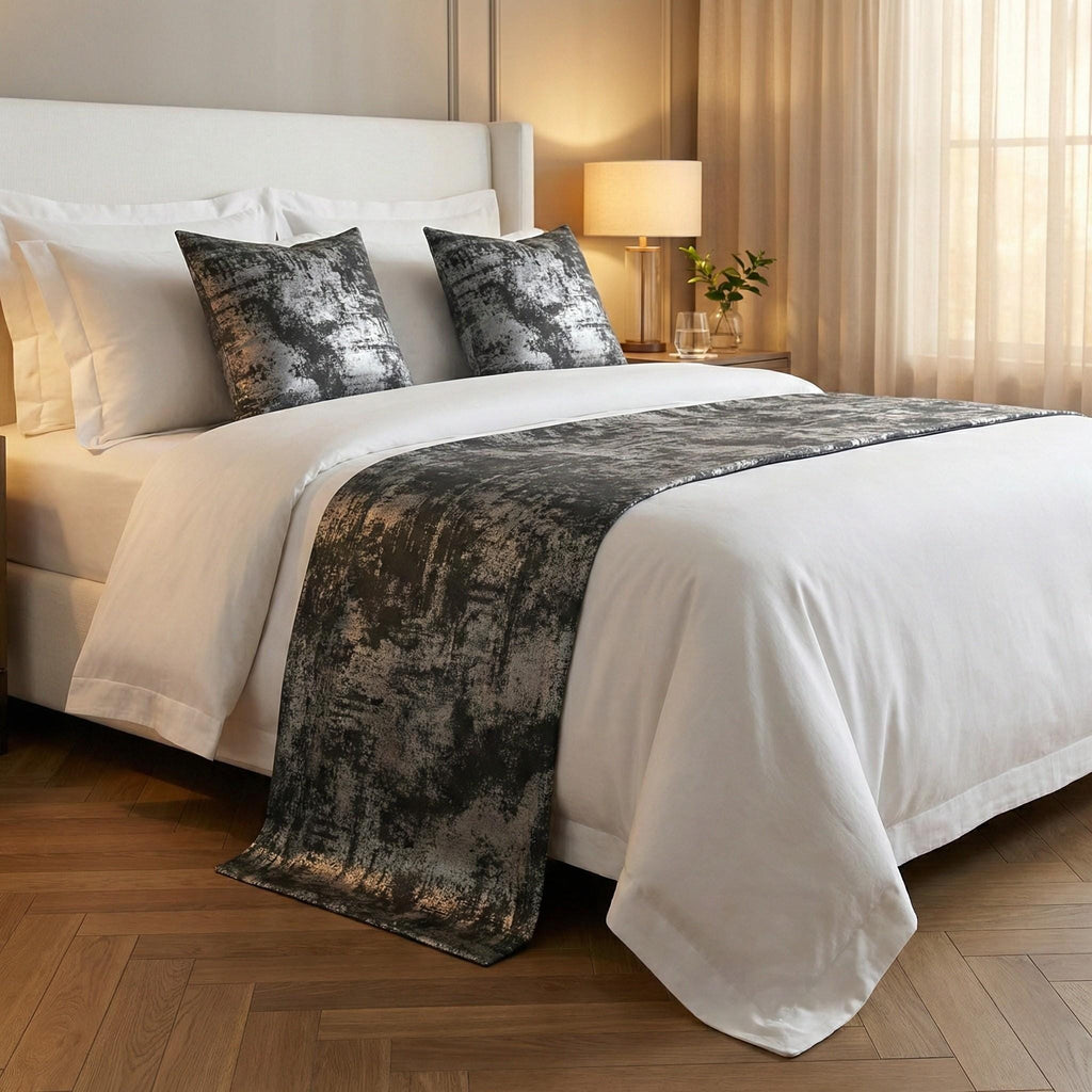 Gray velvet runner on styled bed