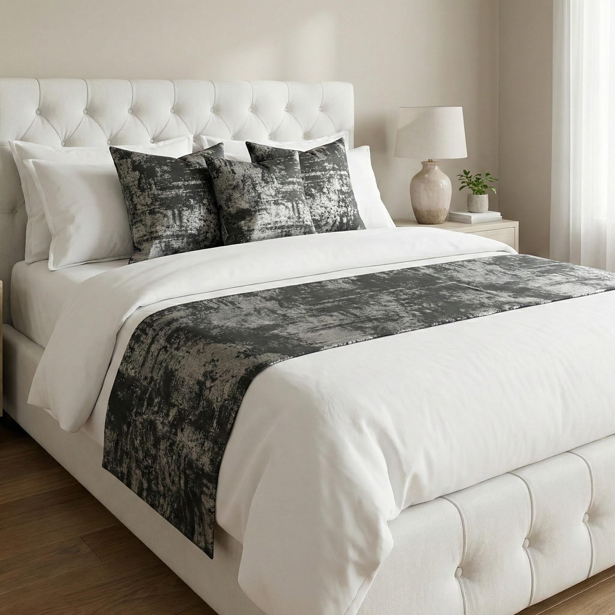Gray silver runner with matching pillows