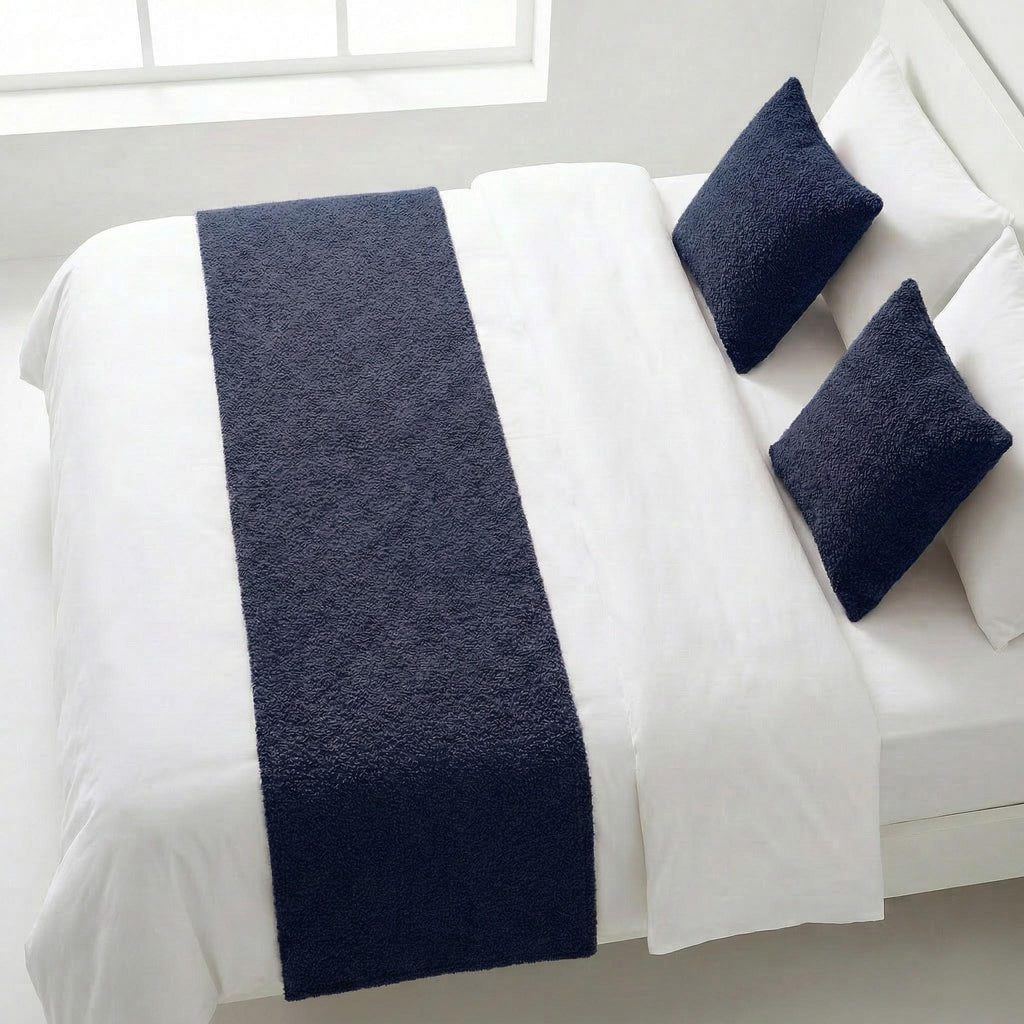 Navy bed runner with pillow covers