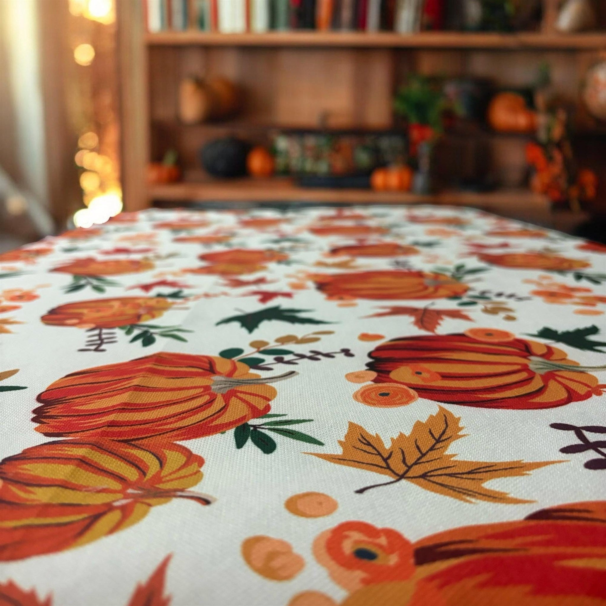 White fall tablecloth with orange pumpkins and leaves