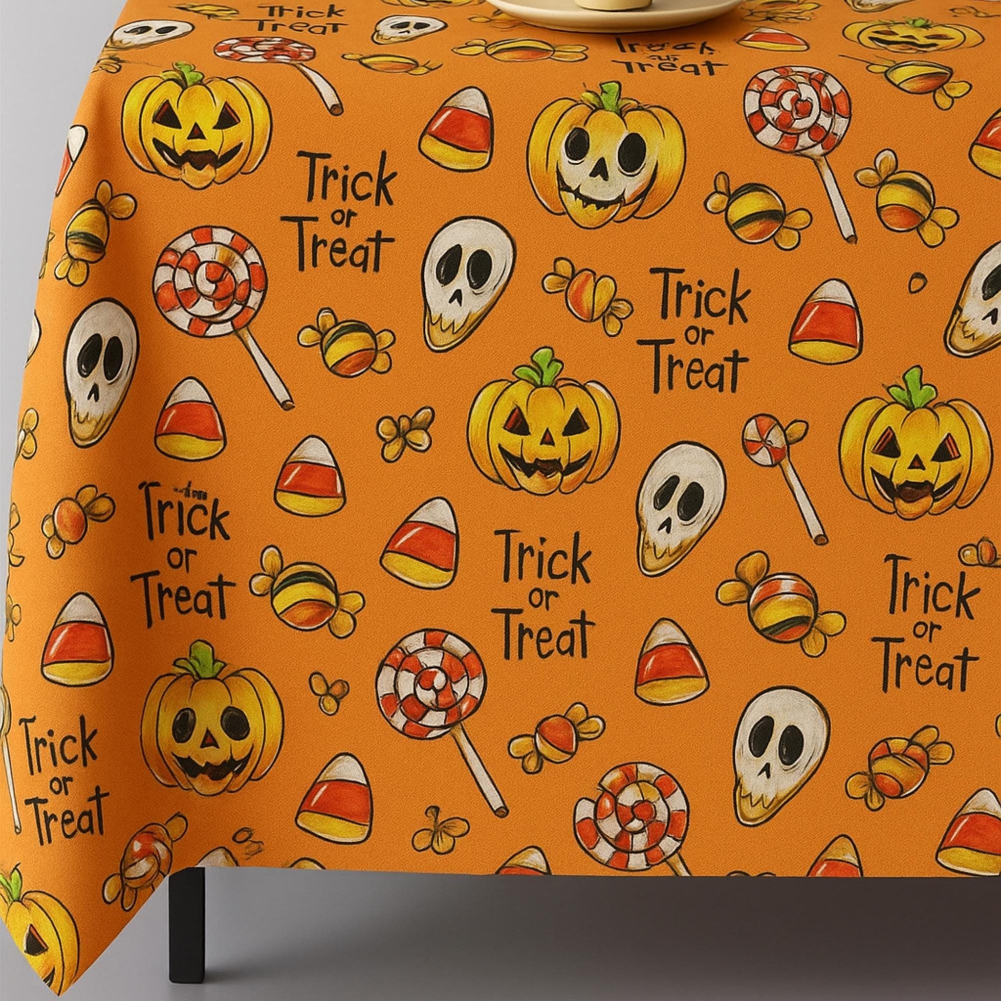 Orange Halloween trick or treat tablecloth on a table
