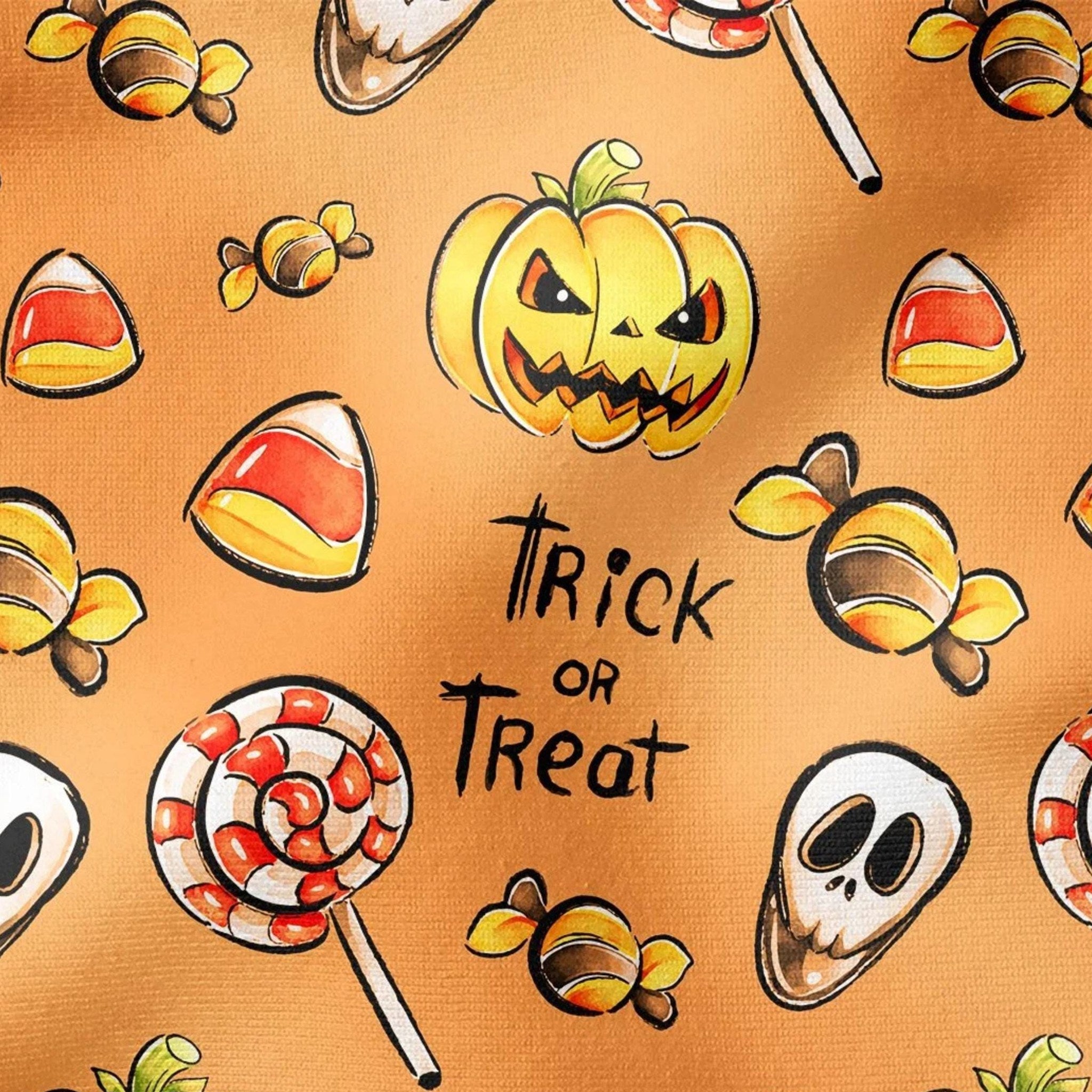 Trick or treat pattern close-up with jack-o'-lanterns and candy