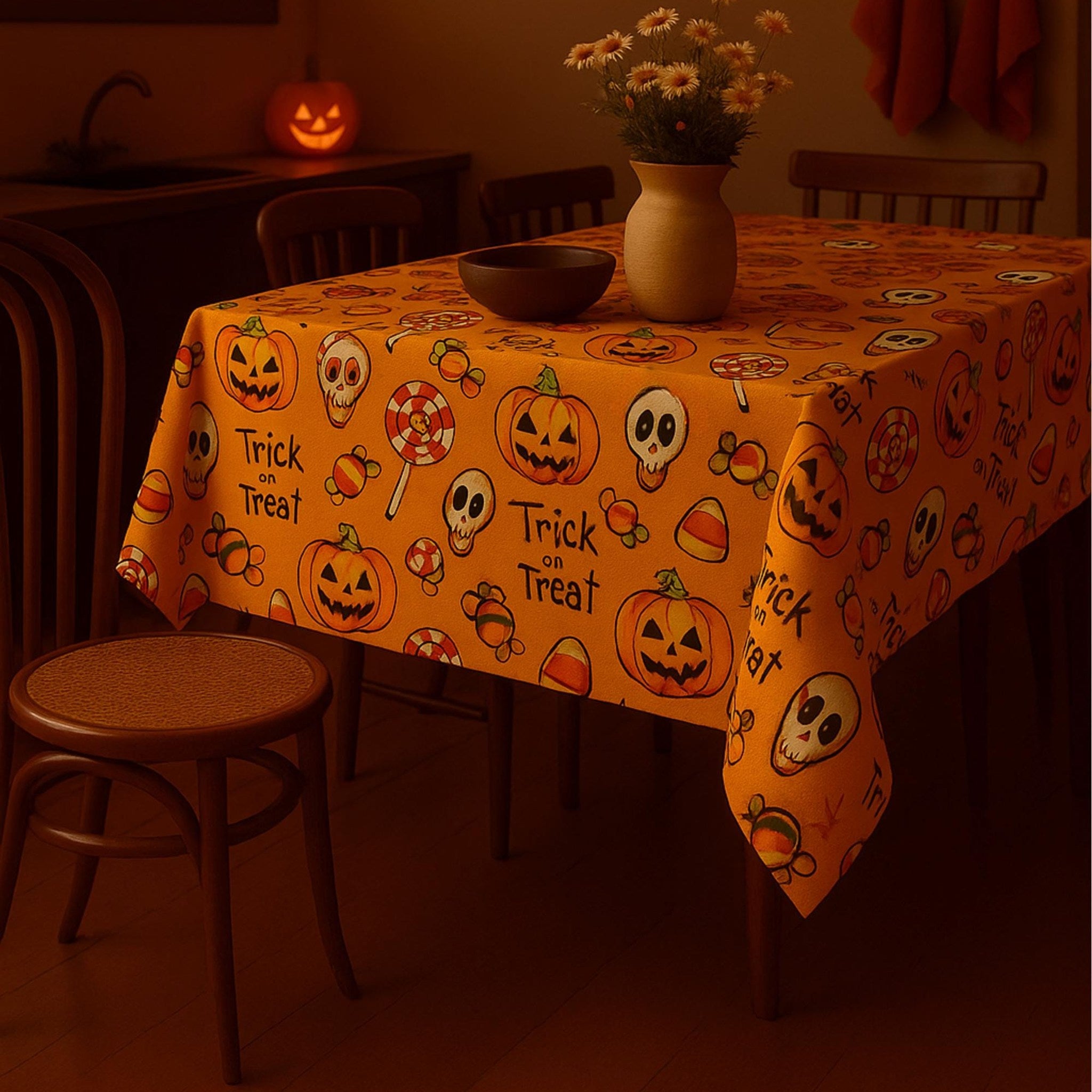 Halloween tablecloth in a cozy evening dining room