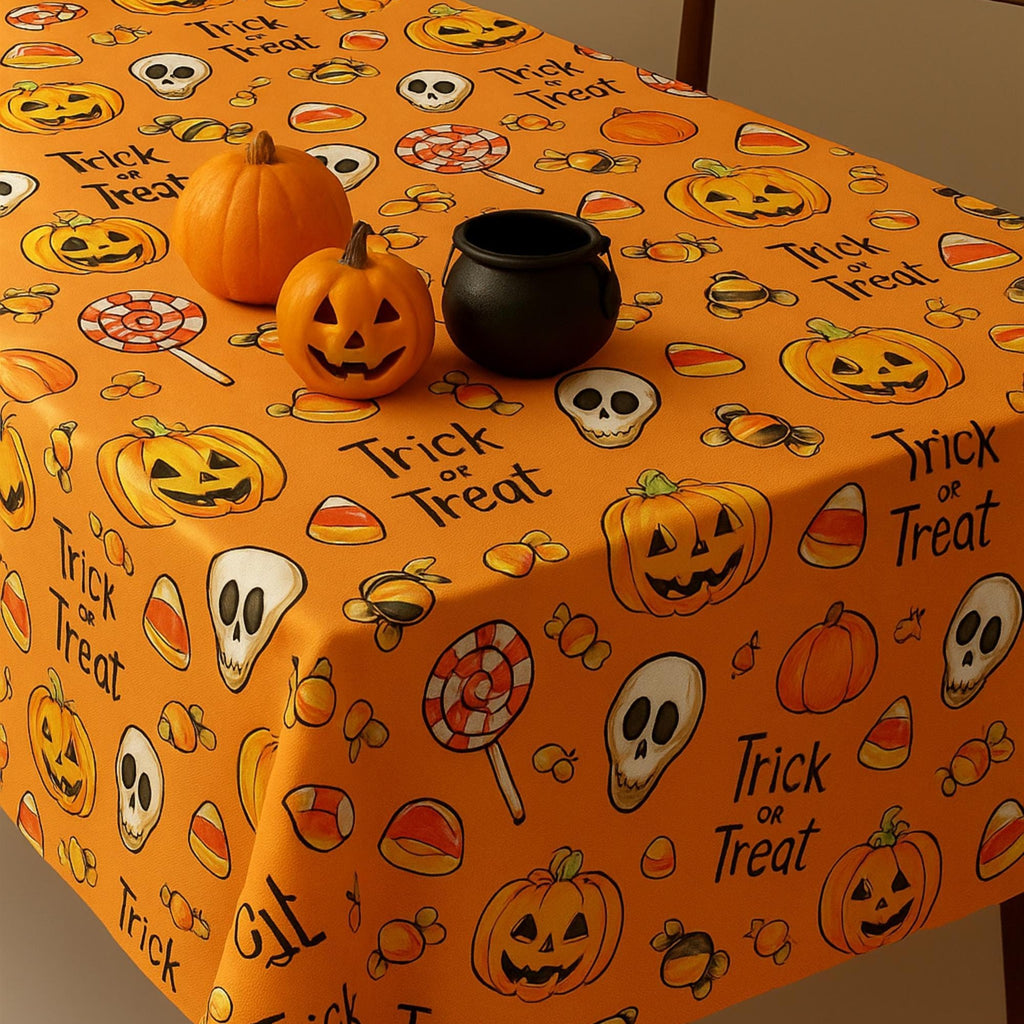 Trick or treat tablecloth with pumpkins and cauldron