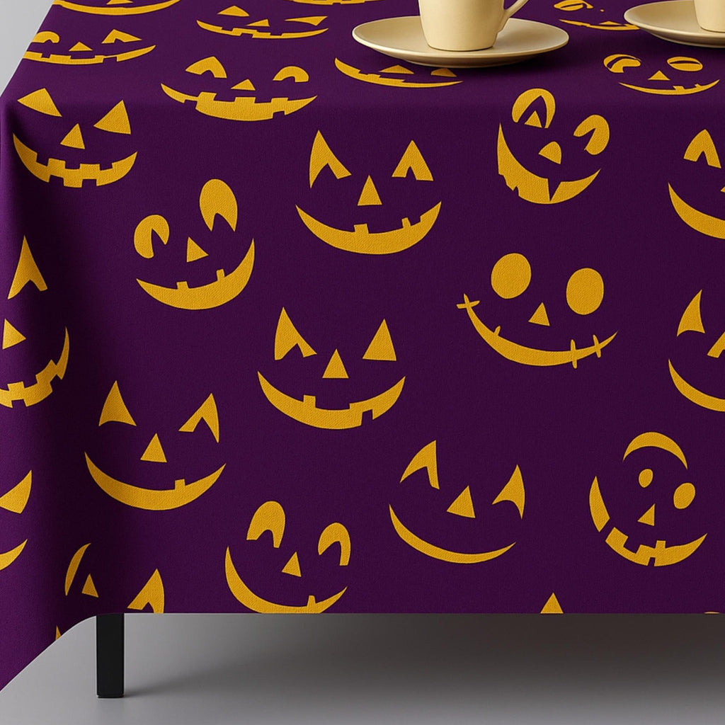 Purple Halloween tablecloth with glowing jack-o'-lantern faces