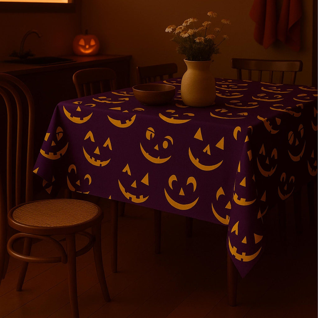 Purple pumpkin faces tablecloth in a cozy evening kitchen
