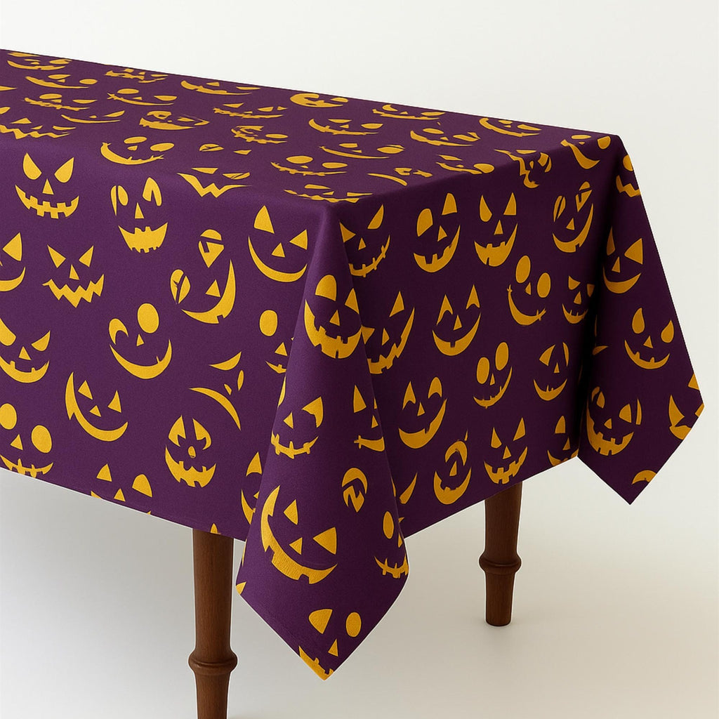 Purple Halloween tablecloth draped over a table