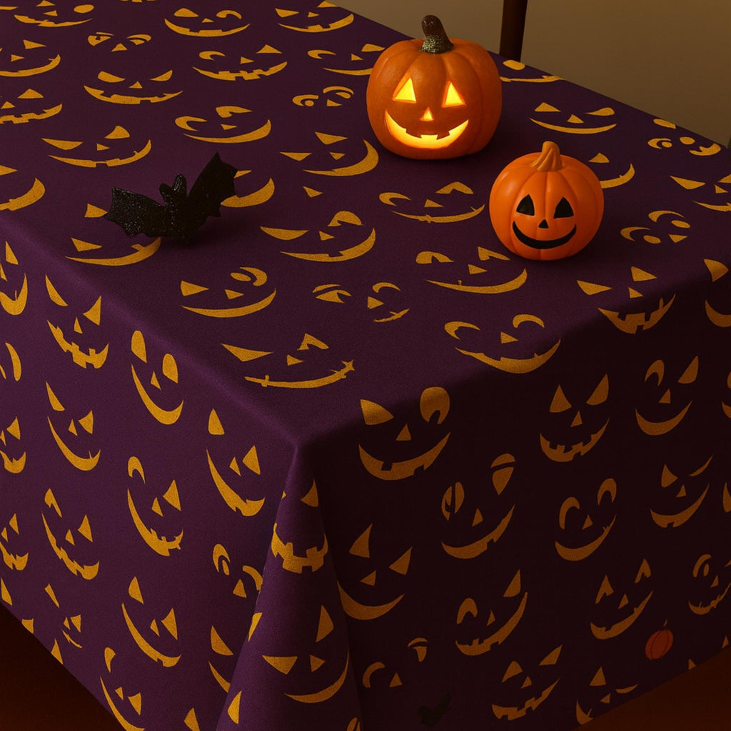 Halloween tablecloth with lit pumpkin lanterns