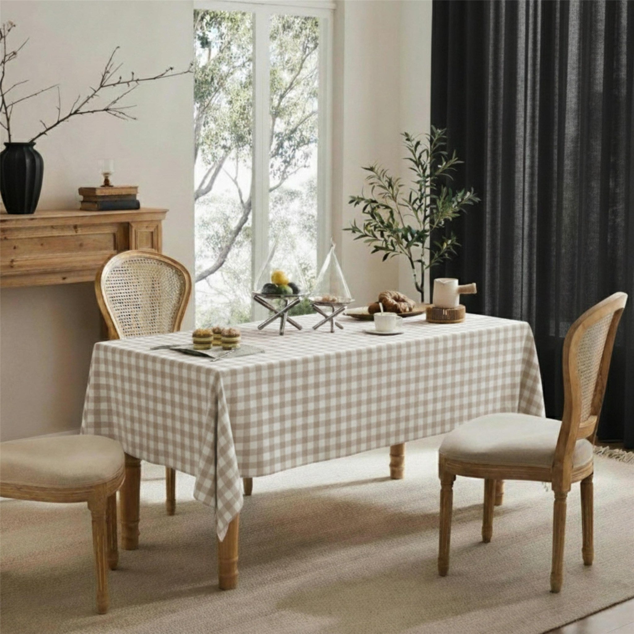 Gingham Cotton Tablecloth — Beige Check, 9 Colors, Custom Size