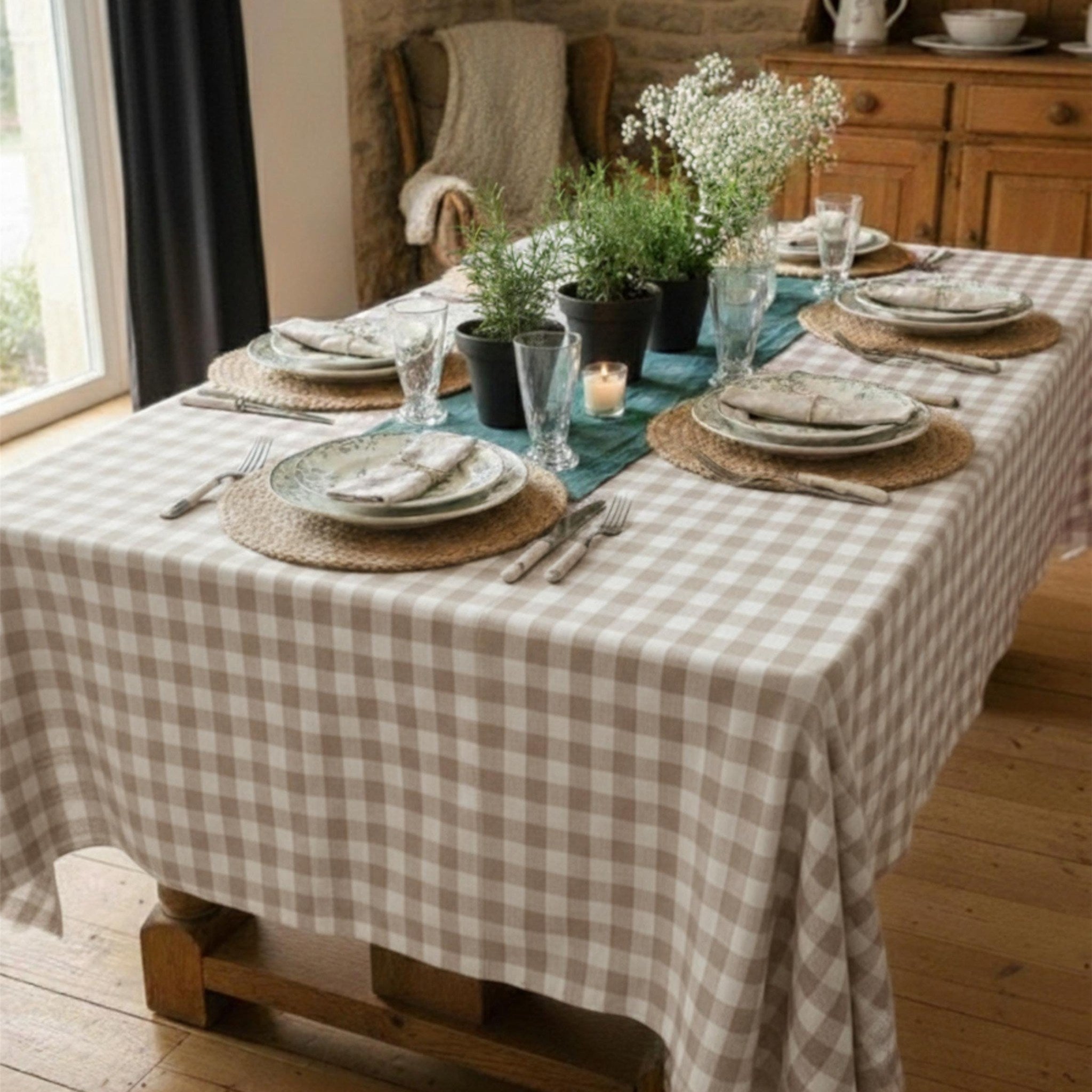 Gingham Cotton Tablecloth — Beige Check, 9 Colors, Custom Size