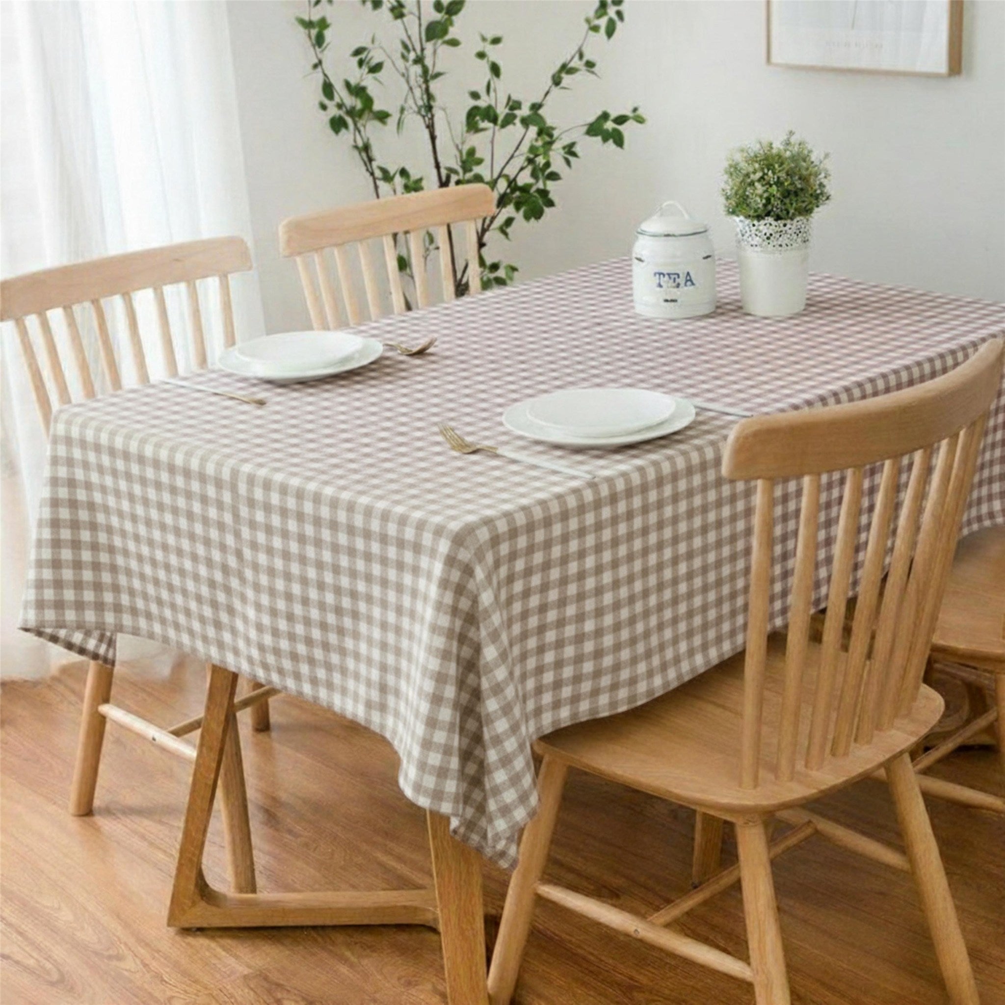 Gingham Cotton Tablecloth — Beige Check, 9 Colors, Custom Size