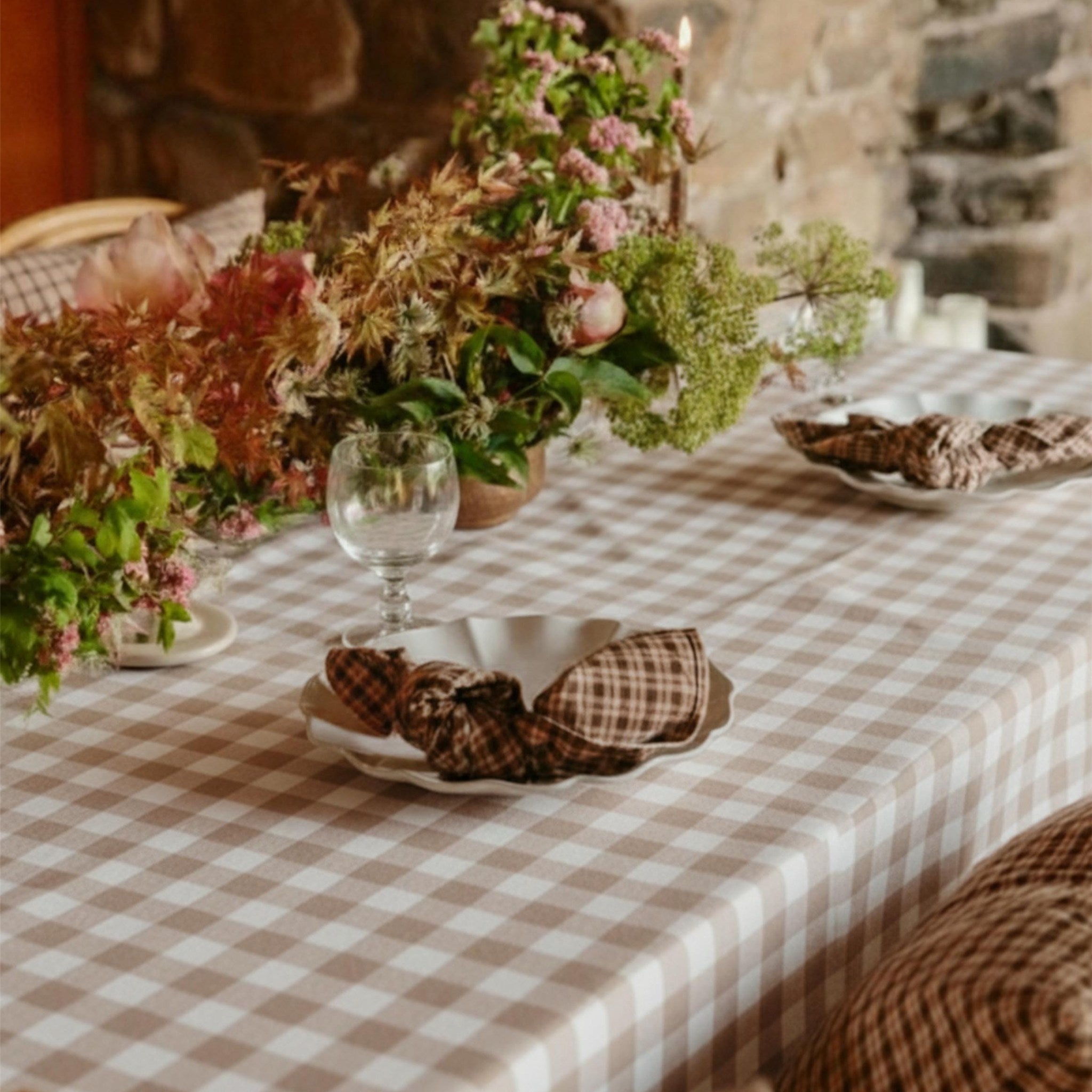 Gingham Cotton Tablecloth — Beige Check, 9 Colors, Custom Size
